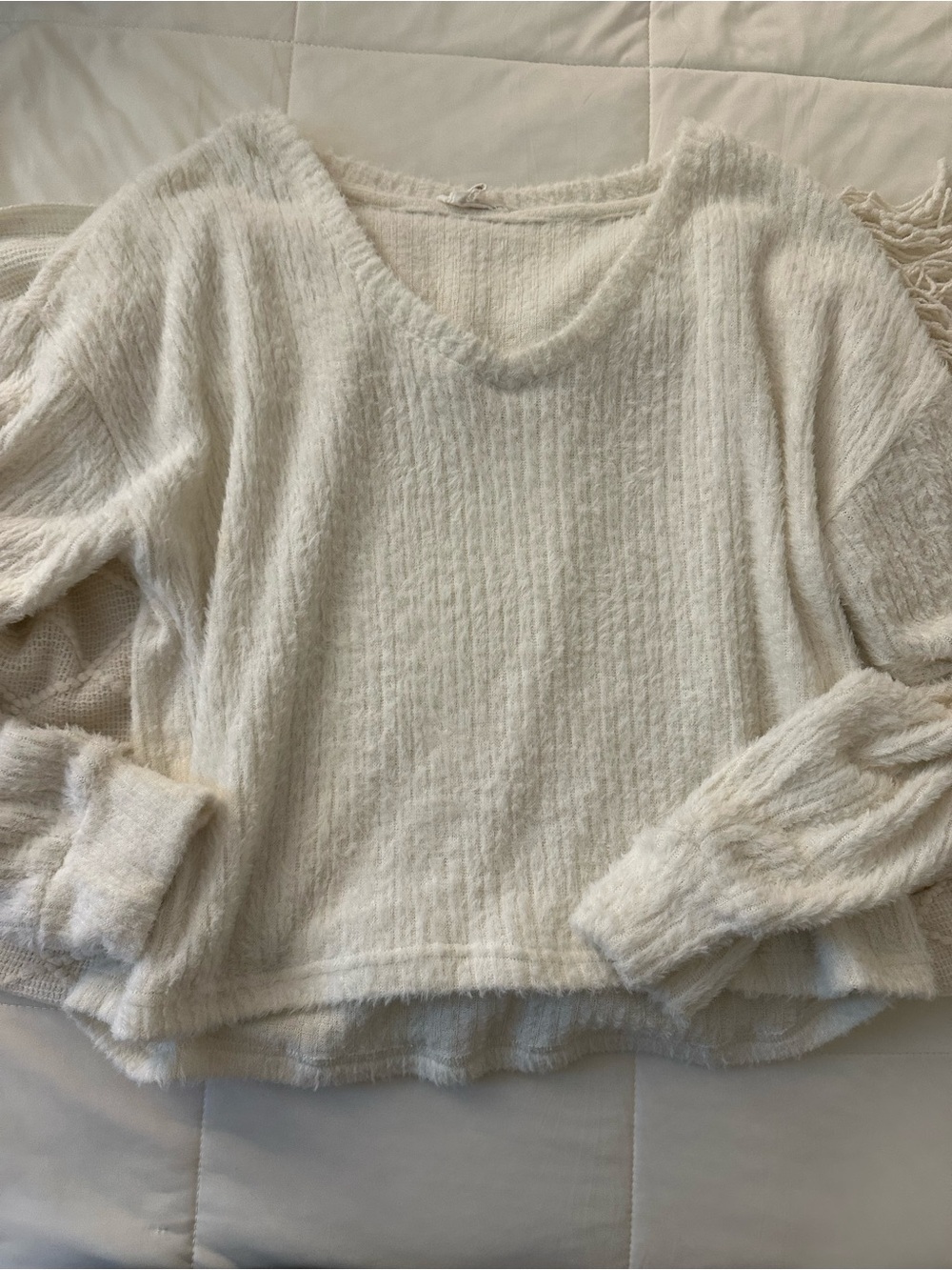 Women's Cream V-Neck Fuzzy Pullover Sweater
